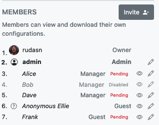 Screenshot of Members preview UI, showing multiple members with different roles, some of which have joined the network while others are still Pending.